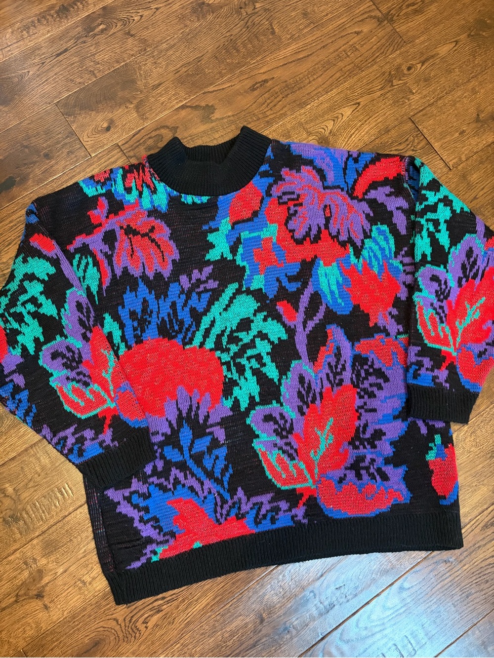 Bold Floral Knit Sweater in Black, Red, Purple, Teal